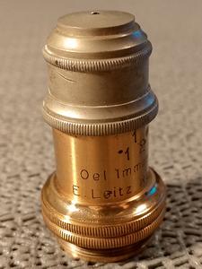 Leitz Vintage antique brass E.Leitz Wetzlar 1/12 Oel-Immersion Apert. 1,30 microscope objective, RMS, magnification 100x, vintage, brass, antique